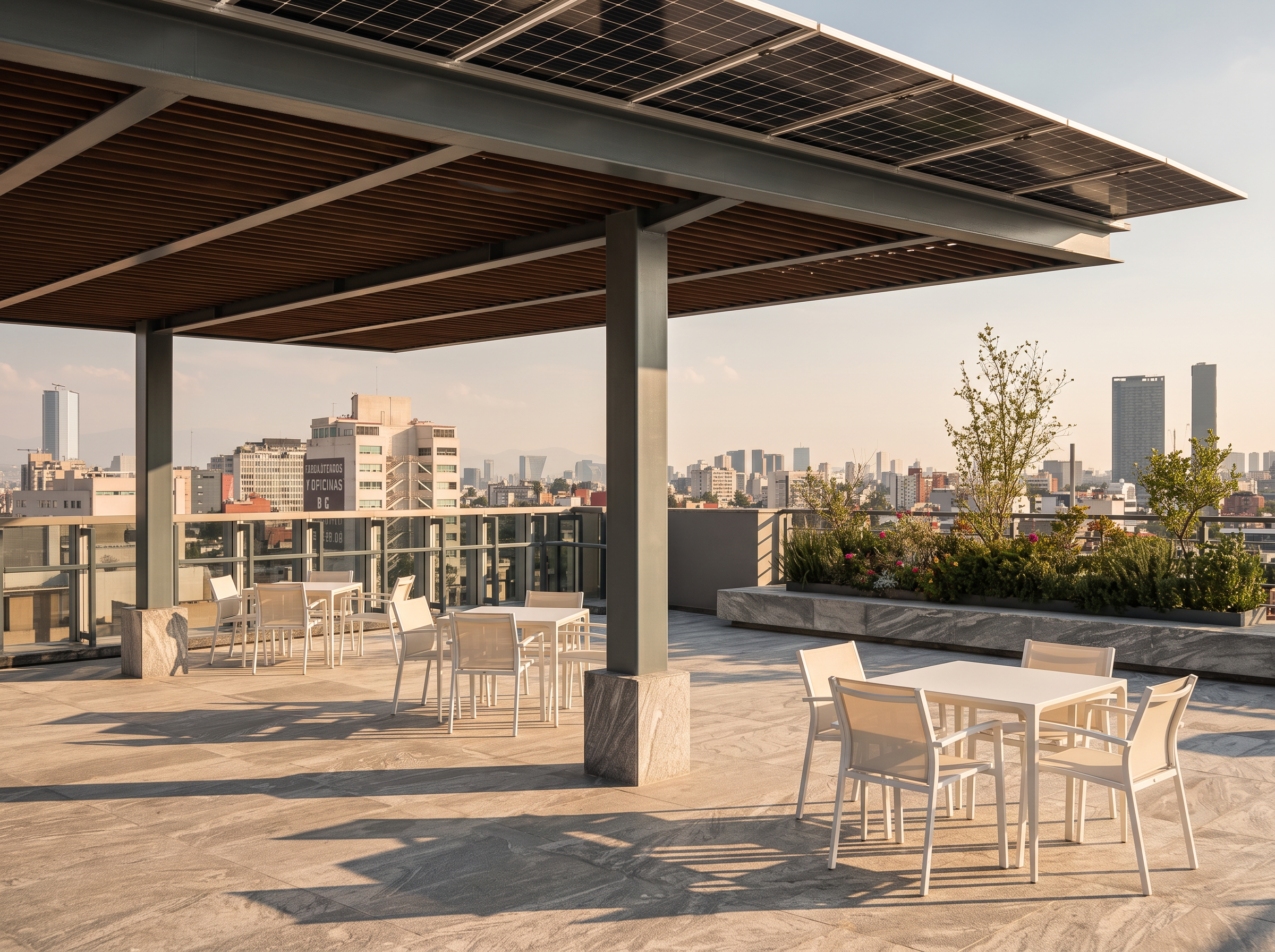 Detalle de la pérgola con paneles solares y comedores exteriores en la terraza de Medellín 304