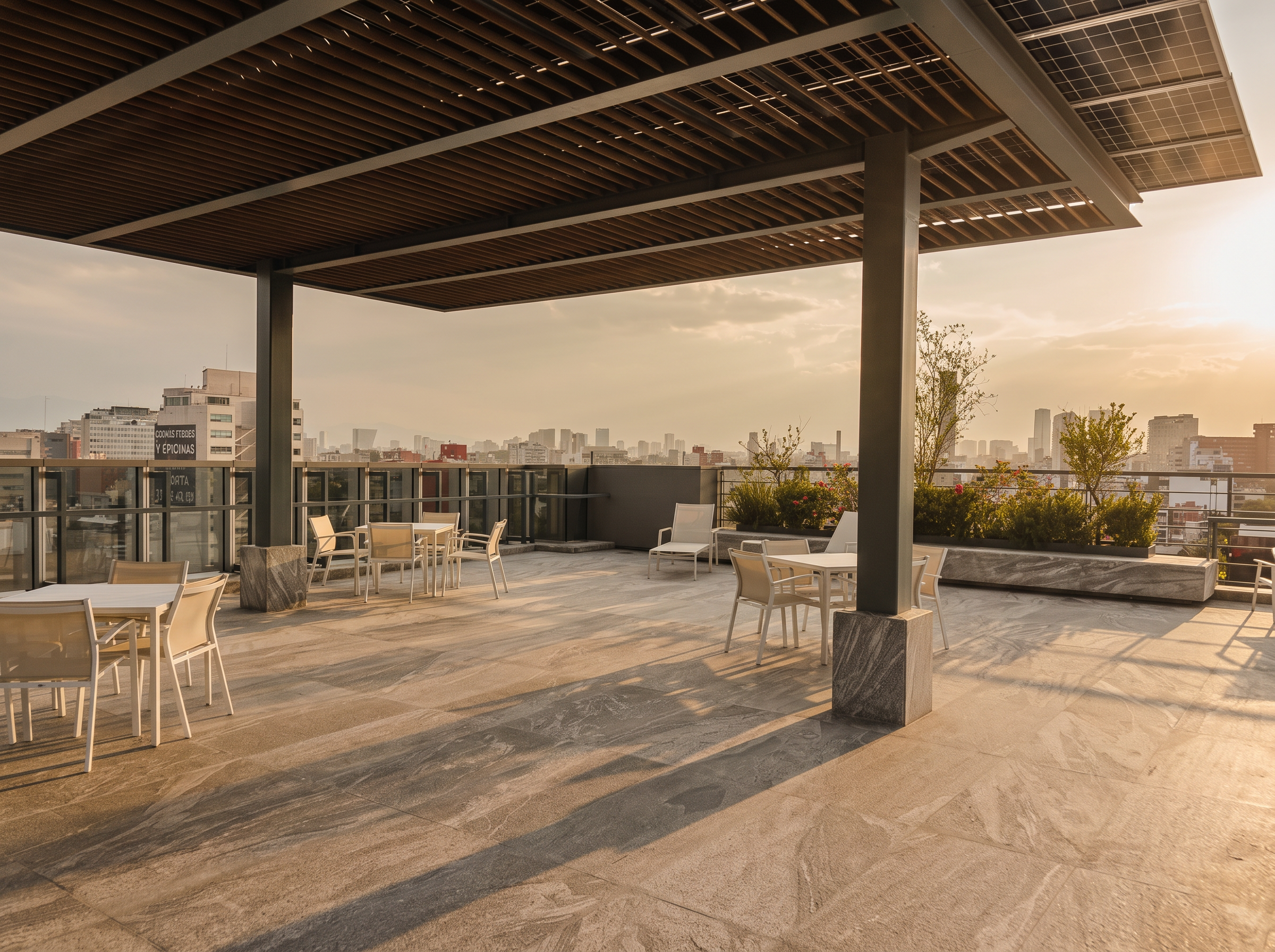 Terraza de Medellín 304 al atardecer bajo la pérgola con paneles solares